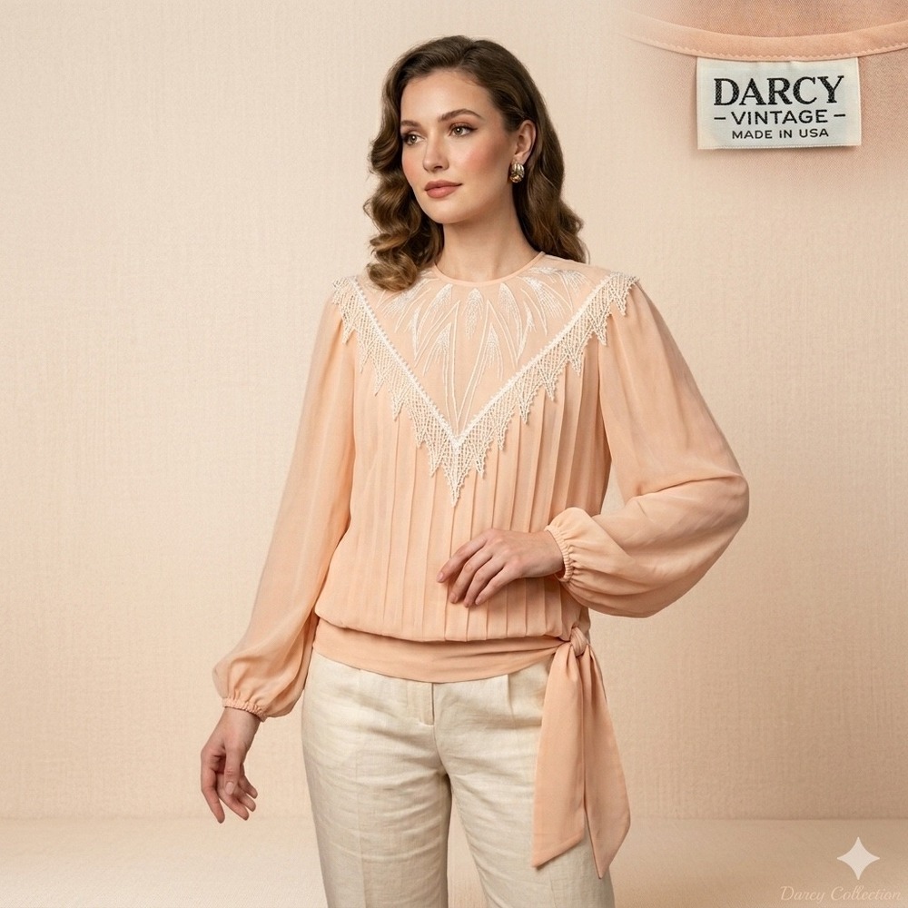 Vintage Darcy Blouse 9/10 Peach Lace Yoke Pleated Side Tie Coquette Romantic
